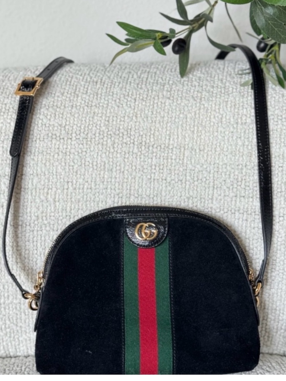 Gucci Ophidia Black Suede Crossbody with Green & Red Web Stripe and Gold Hardwar